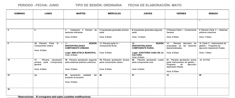 Calendario de Sesiones