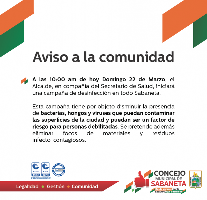 DESINFECCIÓN DE SABANETA / COMIENZA HOY A LAS 10:00 AM en El PARQUE PRINCIPAL