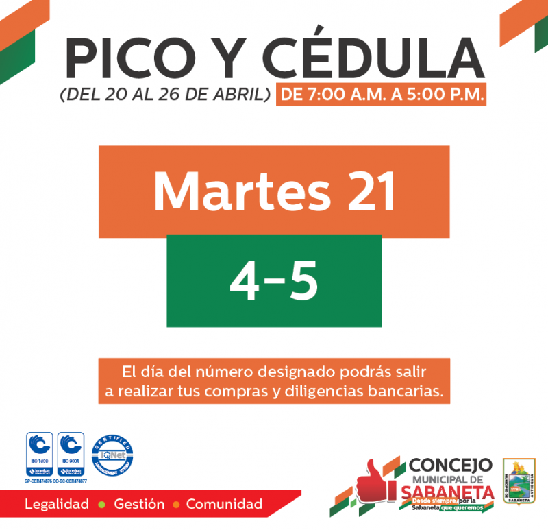 Pico y Cédula para el día de hoy en Sabaneta