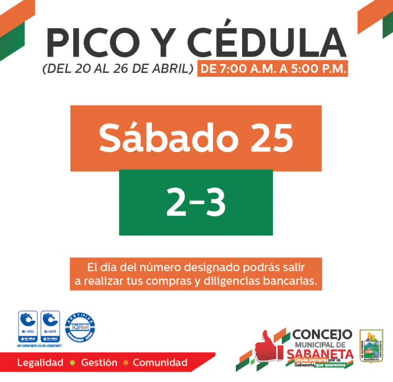 Pico y Cédula para el día de hoy en Sabaneta