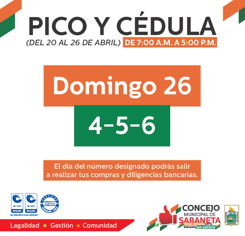 Pico y Cédula para el día de hoy en Sabaneta