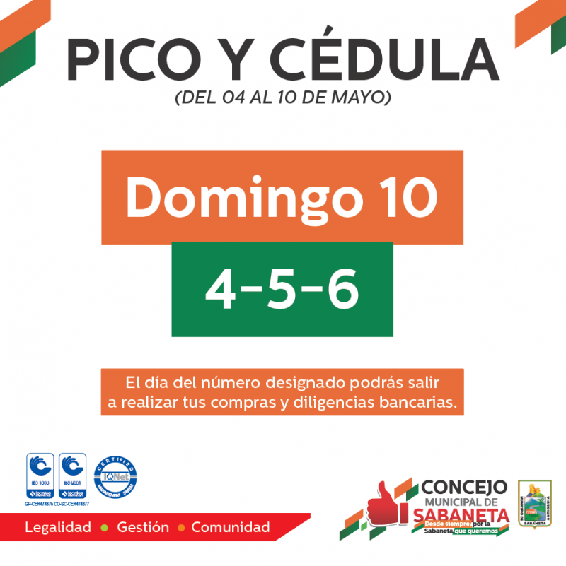 Pico y Cédula para el día de hoy en Sabaneta