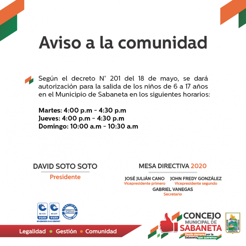 Decreto daría autorización para la salida de los niños de 6 a 17 años en el Municipio de Sabaneta