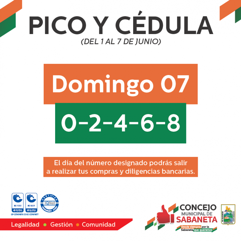 Pico y cédula para el día de hoy en nuestro municipio