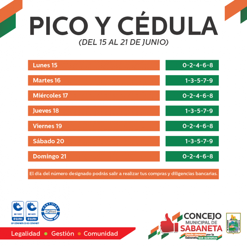 Pico y cédula para el día de hoy en nuestro municipio