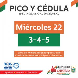 Pico y cédula: Miércoles 22 de Julio